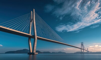 Majestic cable-stayed bridge stretches over calm blue sea under the expansive sky with distant islands