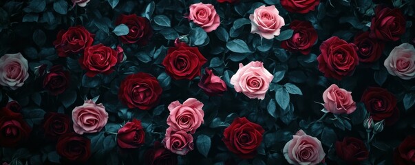 Vibrant red and pink roses amidst dark green foliage