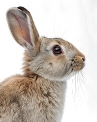 Obraz premium A close-up portrait of a rabbit with large eyes and long whiskers, facing to the side.