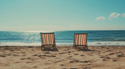 Two Empty Beach Chairs Facing the Ocean at Sunset Create a Serene Atmosphere for Relaxation and Contemplation by the Shore