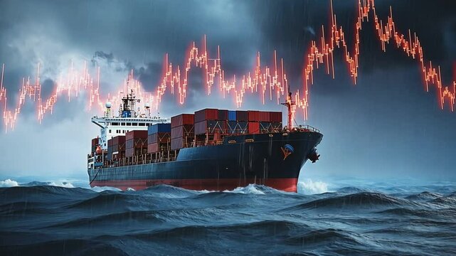 Navigating Economic Storms: A cargo ship battles stormy seas, with a red stock market graph overlaying the turbulent sky.