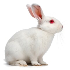 A white rabbit with red eyes sits against a clean white background.