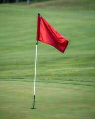 Obraz premium A red golf flag on a white pole standing on a green golf course.