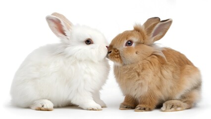 Obraz premium Two adorable rabbits, one white and one brown, sitting closely together against a white background.