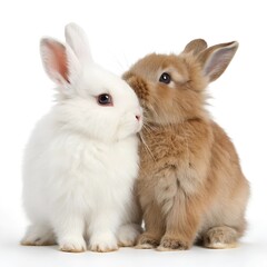 Obraz premium Two adorable rabbits, one white and one brown, sitting closely together against a white background.