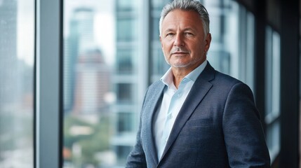 Fototapeta premium A senior European man stands confidently in a tailored suit by a large office window, exuding professionalism and style in a modern business environment.