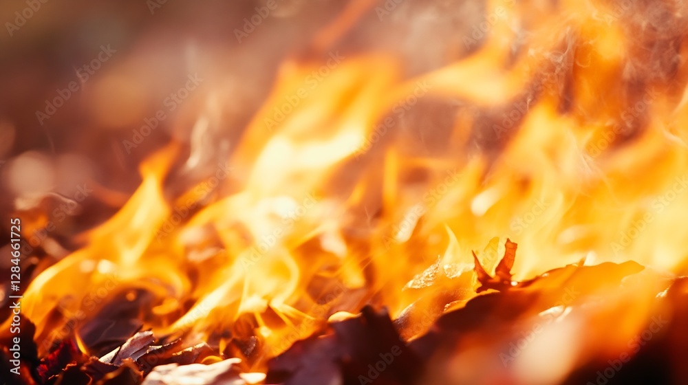 Poster dynamic closeup image of glowing orange flames dancing in a pile of dry leaves : generative ai