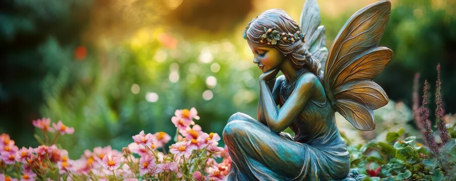 Bronze fairy statue amongst blooming flowers in lush garden setting