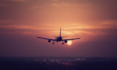 Plane flying against a sunset sky with tranquil hues and blurred airport in the background