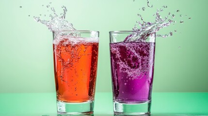 Refreshing Carbonated Drinks Splash in Glasses Against a Green Backdrop During a Summer Gathering