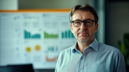 Professional portrait of a mature man in an office setting, featuring visible charts in the background. This image conveys confidence and expertise in a corporate environment.