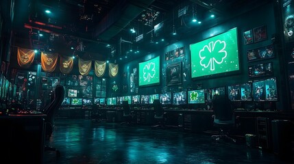 Fototapeta premium Futuristic esports tournament room decorated for st. Patrick's day