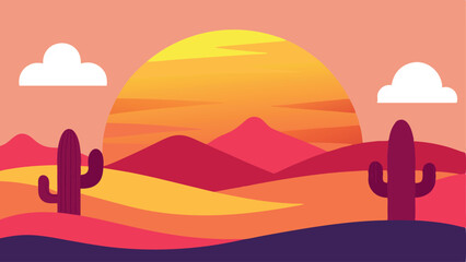 Vibrant Sunset Over a Desert Landscape with Cacti Silhouettes