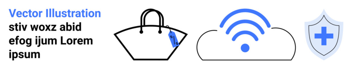Shopping bag with blue tag, cloud emitting wireless signal, and protective shield with health cross. Ideal for e-commerce, online security, cloud computing, healthcare, digital protection, remote