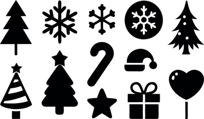 Fototapeta premium Creative Christmas Logo Icons. Snowflake, Candy Cane, and Tree Silhouettes