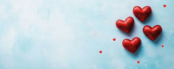 Naklejka premium Red glitter hearts arranged on light blue background with small hearts
