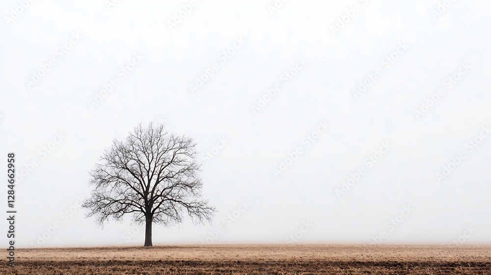Poster A solitary bare tree stands alone in a vast empty field surrounded by fog and soft muted tones : Generative AI