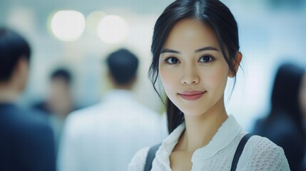 Asian Woman Confidently Presenting at Professional Setting