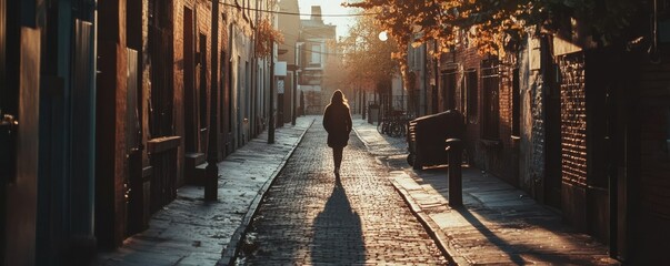 Fototapeta premium Silhouette of a woman walking alone on a quiet cobblestone street at sunrise