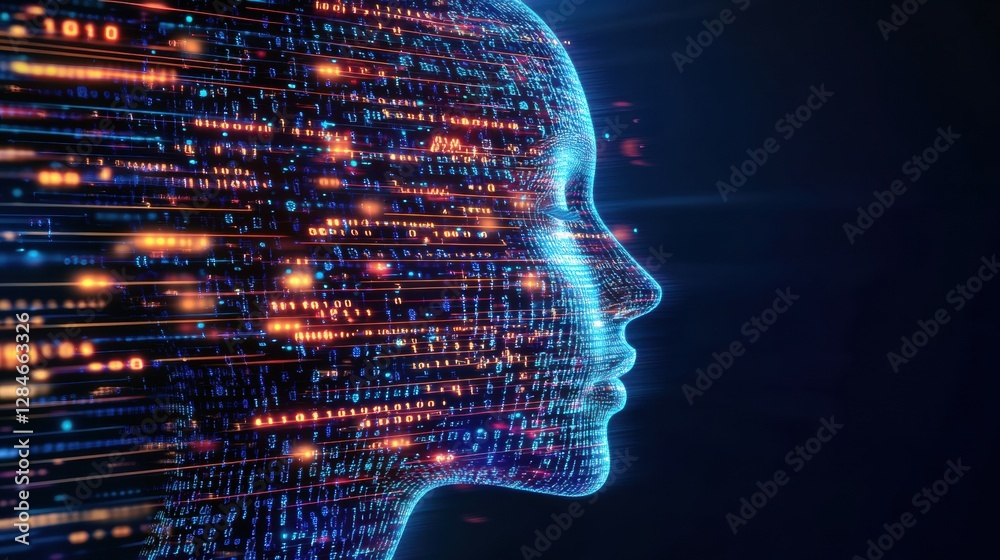 Poster Human face outline merging with dynamic binary code flow in a futuristic AI representation. Generative AI