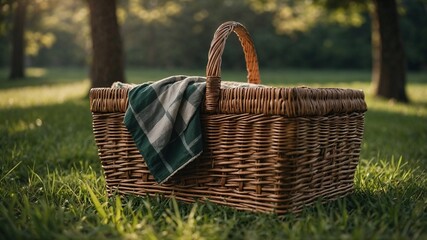 Wicker picnic basket in field with copy space
