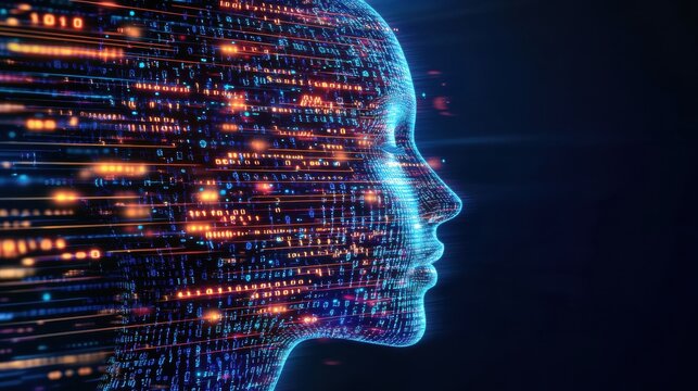 Human face outline merging with dynamic binary code flow in a futuristic AI representation. Generative AI