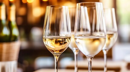 Elegant closeup of wine glasses filled with white wine in a stylish dining setting : Generative AI
