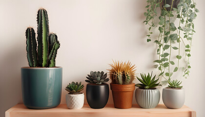 Cacti And Succulents Arranged Elegantly On Wooden Shelf