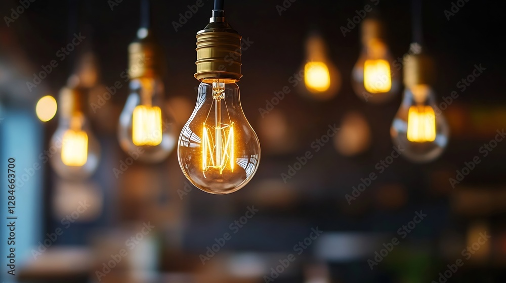 Poster Elegant vintage light bulbs hanging from the ceiling creating a warm and inviting atmosphere in a cafe : Generative AI