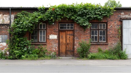 Exterior of an old brick building with ivy