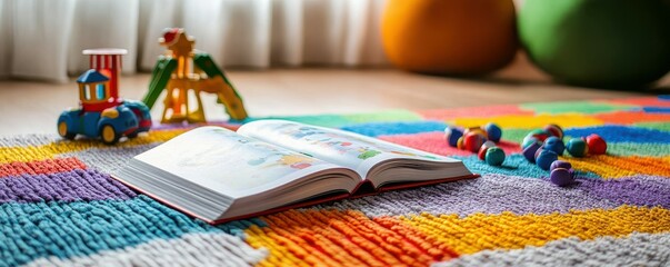 Fototapeta premium Colorful children's playroom with open book, toys, and bright carpet