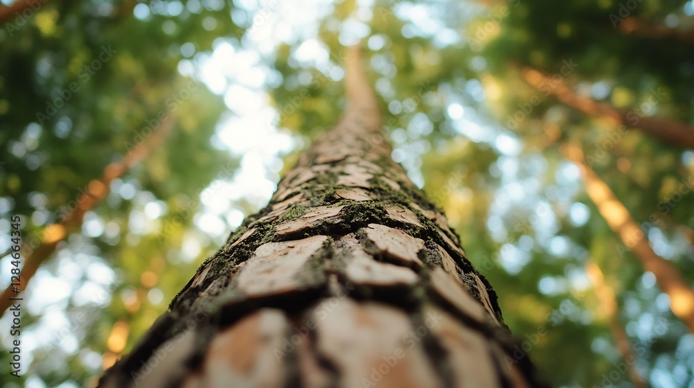 Poster majestic view of a towering tree trunk stretching towards the sky in a lush green forest : generativ