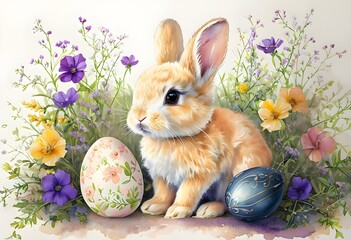 Watercolor Bunny Surrounded By Colorful Easter Eggs And Flowers