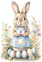 Watercolor Illustration Of A Bunny Holding Easter Eggs