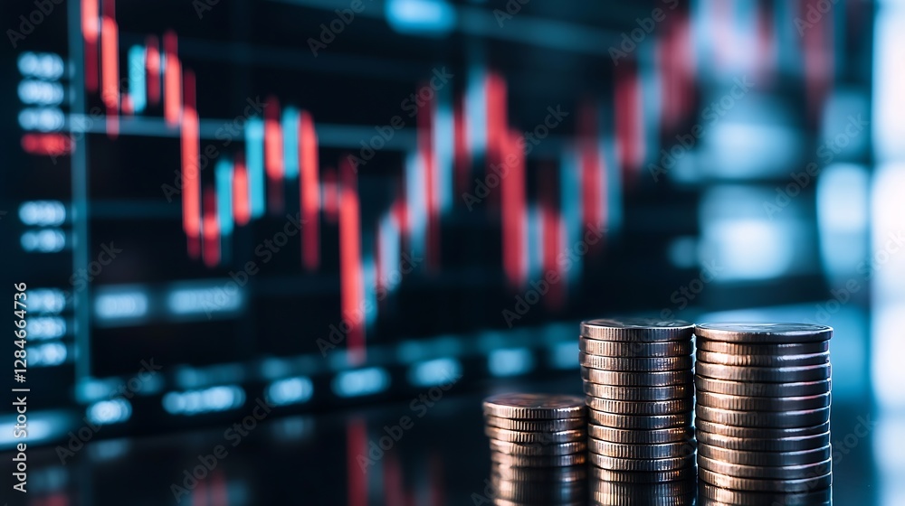 Leinwandbilder Stack of coins in focus with stock market trend graphs in the background indicating financial investment : Generative AI