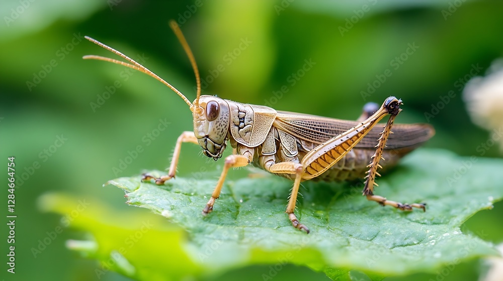 Aufkleber closeup view of a grasshopper perched on a green leaf showcasing intricate details of its body : gen