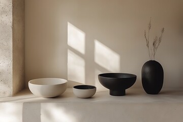 Minimalist shelf holding monochromatic pottery pieces in matte black and white set against a pale beige background
