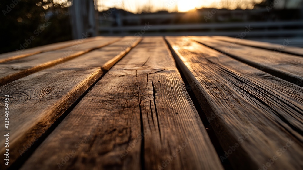 Poster warm golden light shining on rustic wooden table surface creating a cozy and inviting atmosphere : g