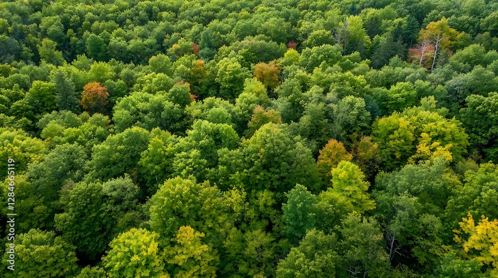 Poster an aerial view of a lush green forest featuring various shades of foliage as the seasons change : ge