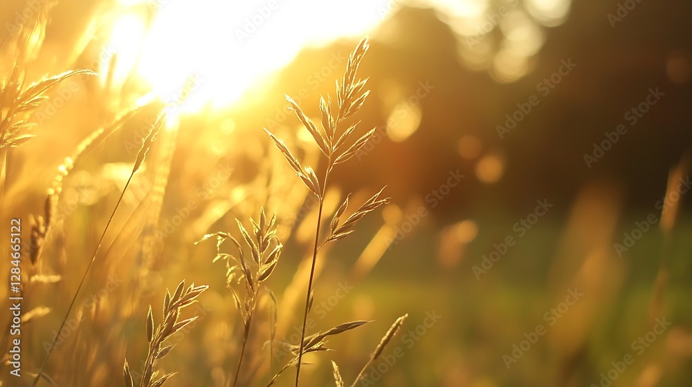 Poster closeup view of golden grass swaying in the sunlight during sunset : generative ai