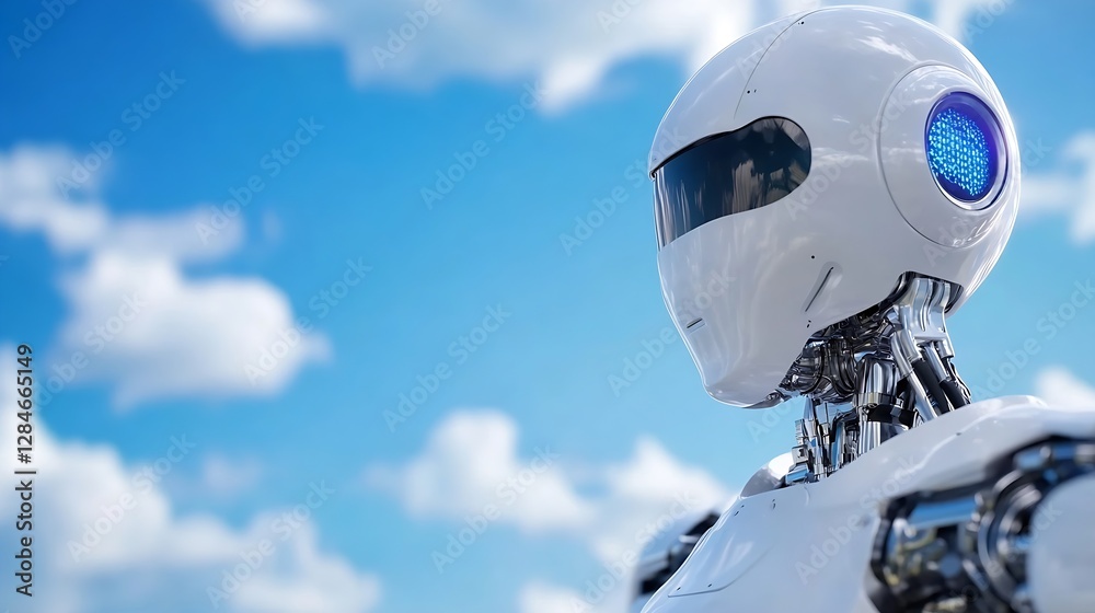 Leinwandbilder Futuristic humanoid robot with shiny surface standing under blue sky with clouds in the background : Generative AI