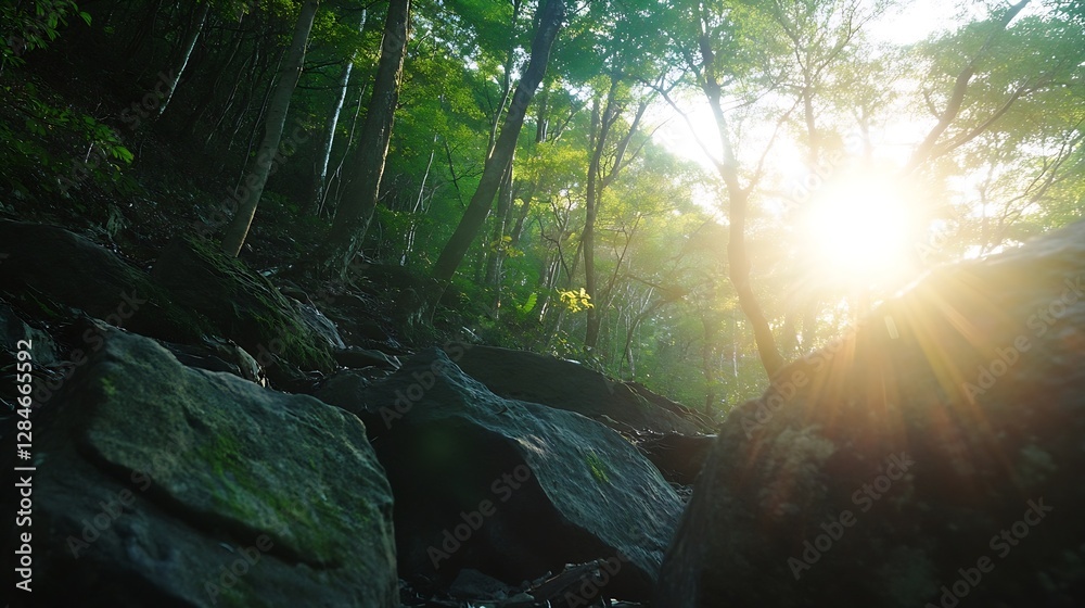 Aufkleber stunning sunlight filtering through the lush greenery of a serene forest at dawn : generative ai