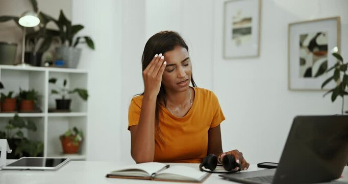 Headache, remote work or woman in call center with stress, burnout or fatigue for sales pressure. Exhausted consultant, headset or frustrated agent in telecom company with mistake or migraine in home