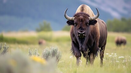 Powerful bison standing in a lush green field surrounded by mountainous landscape under blue skies : Generative AI