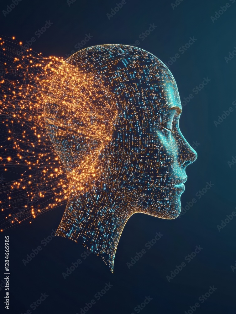 Poster Human face outline dissolves into binary code and data flow in futuristic AI concept. Generative AI