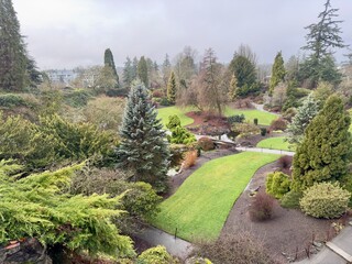 landscaped park with green plants and paths
