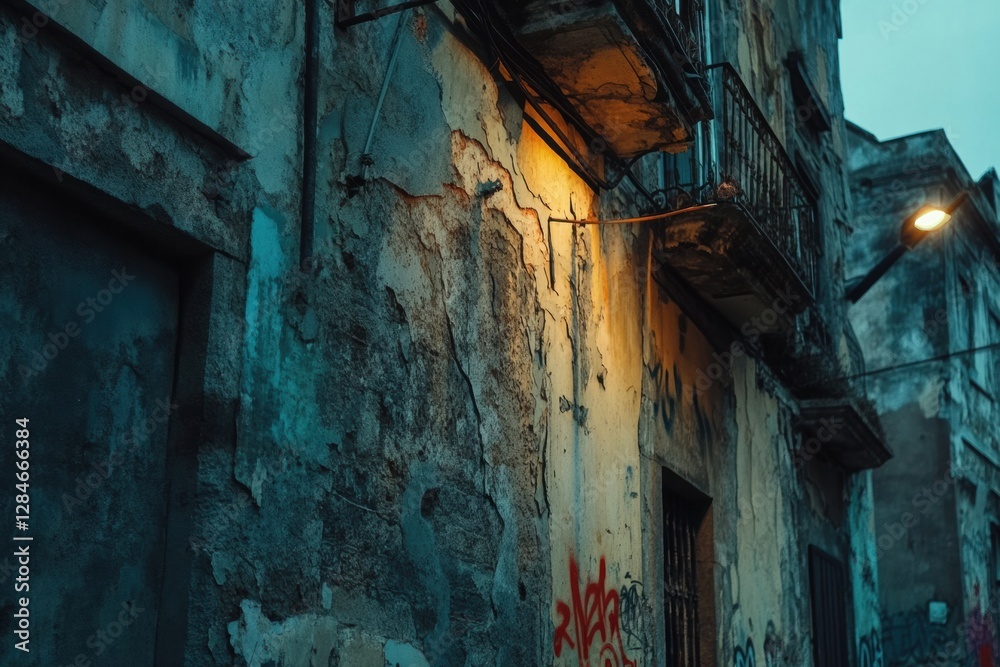 Poster ruins of a dilapidated building with cracked walls and glowing streetlight at twilight in an abandon