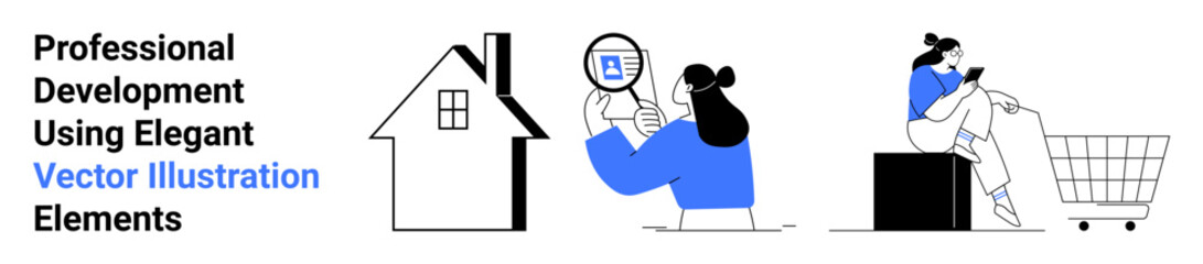 Woman examining document with magnifier, seated person using phone beside shopping cart, simple house sketch. Ideal for education, e-commerce, business, lifestyle, housing, research flat landing