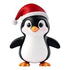 Fototapeta premium A whimsical 3D cartoon penguin dressed in a bright red Santa hat, showcasing a playful personality against a seamless transparent background, perfect for holiday-themed designs.