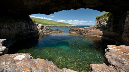 Coastal cave pool, clear water, green hills, sunny day, travel